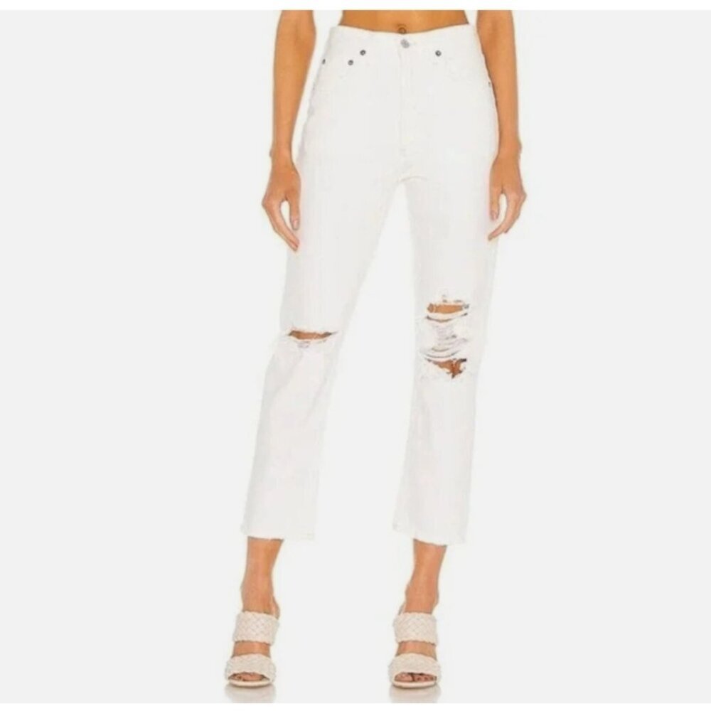 AGOLDE Riley High Rise Distressed Crop Straight Leg White Jeans 25 NWT